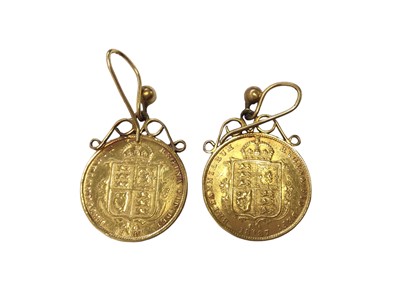 Lot 86 - Pair of Victorian gold half sovereigns, 1887, in yellow metal earring mounts