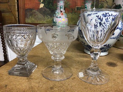 Lot 65 - Three 19th century glass rummers, one with etched and cut grape and vine border
