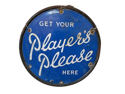 Lot 42 - Original 'Get Your Players Please Here' circular enamel advertising sign, 57 x 57cm