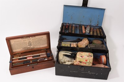 Lot 865 - Victorian mahogany cased watercolour box by Reeves & Co., with various original fittings, 22cm wide, together with an antique tin stage make-up box and various antique fittings