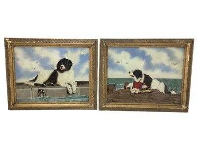 Lot 877 - Unusual pair of 19th century reverse paintings on glass, each depicting trusty St Bernards, in original gilt frames, total size 55 x 66cm