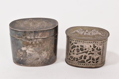 Lot 881 - Two antique Chinese silver opium boxes, each of oval outline, the smaller box with makers stamp to base, 3cm high. Sold together with copy of receipt from Hong Kong dealership dated 1981