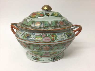 Lot 141 - Chinese Canton famille rose tureen and cover, early 20th century, decorated with birds, butterflies, flowers and Shou characters, 35.5cm diameter