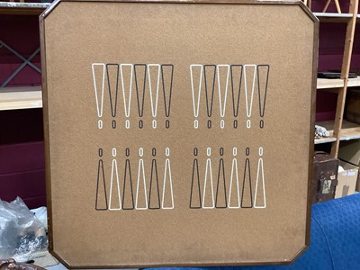 Lot 1217 - A reproduction games table, the walnut and marquetry inlaid square top lifts off to reveal sliding panels opening to roulette wheel, with reversible backgammon/green baize playing surface, the tabl...