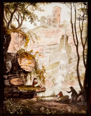 Lot 868 - 18th century reverse painting on glass, depicting figures in a romantic landscape, 29 x 21cm, framed