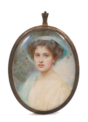 Lot 909 - Mabel Lee Hankey née Hobson (1867-1943): portrait miniature on ivory, depicting a young woman with green hat