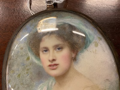 Lot 909 - Mabel Lee Hankey née Hobson (1867-1943): portrait miniature on ivory, depicting a young woman with green hat
