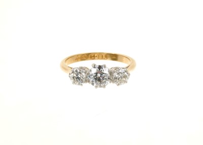 Lot 657 - Diamond three stone ring with three old cut diamonds in 18ct gold setting