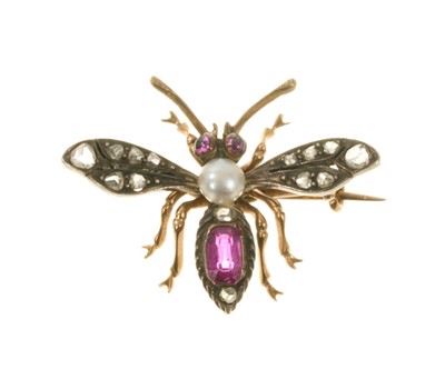 Lot 443 - Victorian insect brooch set with rose cut diamonds, rubies and a seed pearl