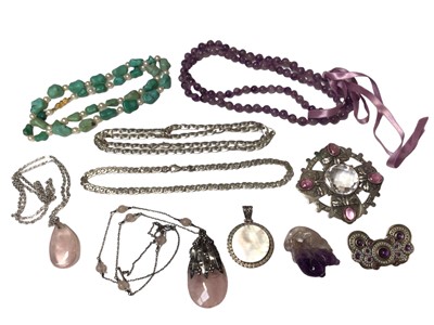Lot 177 - White metal gem set brooch, white metal mounted rose quartz pendant and chain, silver chains, amethyst bead necklace, turquoise and pearl necklace with gold clasp etc