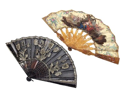 Lot 965 - 18th century hand painted fan with carved and pierced blonde tortoiseshell struts, signed, in a 19th century fitted case, together with a 19th century fan (2)