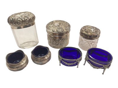 Lot 1030 - Victorian silver pot and cover, two silver mounted glass jars, pair of silver salts with blue glass liners and one other pair of salts