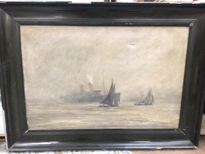 Lot 101 - Kenneth Lund, early 20th century oil on canvas - 'The RMS Lucania in a fog in the Mersey', signed, titled and dated 1910 verso, framed