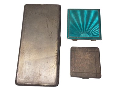 Lot 130 - Silver cigarette case (Birmingham 1951), a silver and enamel powder compact and one other white metal compact (3)