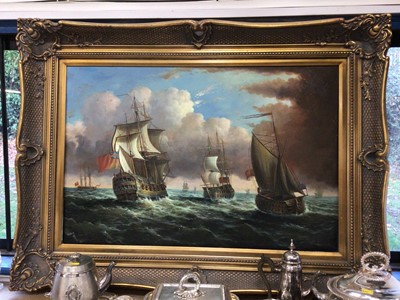 Lot 29 - 18th century-style oil on canvas - British Man o' War and other shipping at sea, in gilt frame