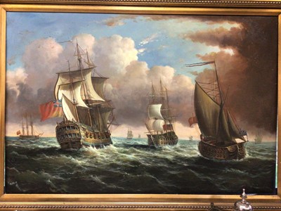 Lot 29 - 18th century-style oil on canvas - British Man o' War and other shipping at sea, in gilt frame