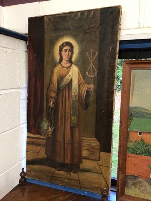 Lot 27 - European School, early 20th century, oil on canvas - portrait of a Saint, indistinctly titled and signed, unframed