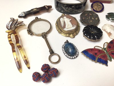 Lot 135 - Group of antique and vintage jewellery including a white metal enamelled bangle, cameo brooch, other brooches, pair of gold plated lorgnettes and bijouterie