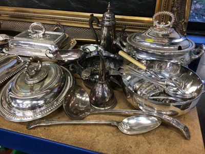Lot 42 - Collection of silver plate to include entree dishes, tureen, cutlery, Edwardian plated oil lamp base and other items