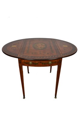 Lot 1254 - George III satinwood crossbanded and polychrome painted oval pembroke table