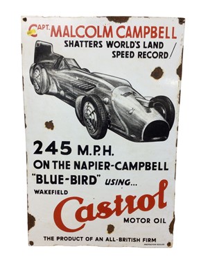 Lot 118 - Wakefield Castrol motor oil 'Capt. Malcolm Campbell Sharters World's Land Speed Record', enamel sign, believed to be a later reproduction, 68cm x 45cm