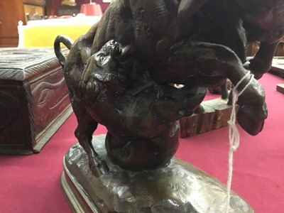 Lot 966 - After Antoine Louis Barye (1796-1875): Antique bronze sculpture of a bull fighting a tiger by Barye