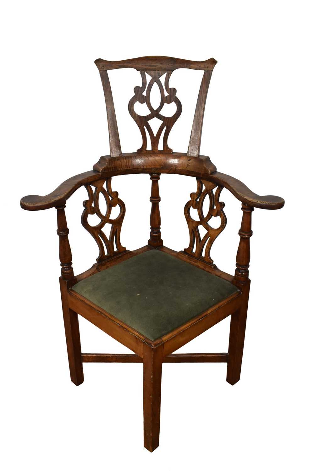 Lot 1259 - George III high backed elm corner chair, with pierced splat and slip in seat on internally chamfered square supports