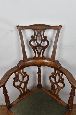 Lot 1259 - George III high backed elm corner chair, with pierced splat and slip in seat on internally chamfered square supports