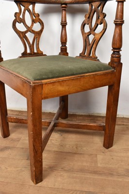 Lot 1259 - George III high backed elm corner chair, with pierced splat and slip in seat on internally chamfered square supports