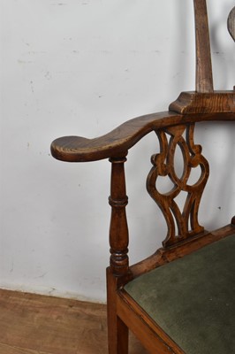 Lot 1259 - George III high backed elm corner chair, with pierced splat and slip in seat on internally chamfered square supports