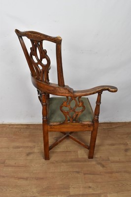 Lot 1259 - George III high backed elm corner chair, with pierced splat and slip in seat on internally chamfered square supports