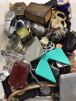 Lot 1003 - Box of bijouterie and sundries including two vintage fans, compass, various coins, trinket boxes, cigarette cases etc