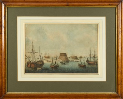 Lot 314 - Attributed to Robert Cleverly (1747-1809) watercolour - Sinking of a cone constructed in the year 1783 in the Road of Cherbourg, 31cm x 46cm, framed