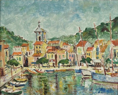 Lot 1141 - Israel Traub (Israeli, 1907-2001) oil on board - Cassis Harbour, signed and titled, 37cm x 45cm, framed