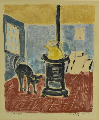 Lot 1139 - Israel Traub (Israeli, 1907-2001) monotype - Cat and Stove, together with three further framed monoprints