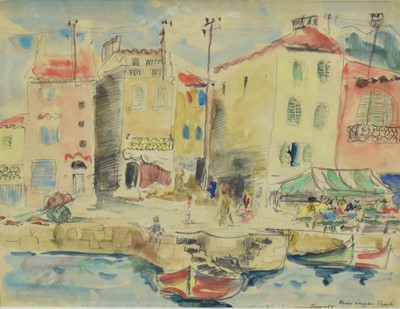 Lot 315 - Rhoda Lazarus Traub (Israeli, 1913-1993) watercolour, Mediterranean harbour scene, and three further watercolours by the same hand