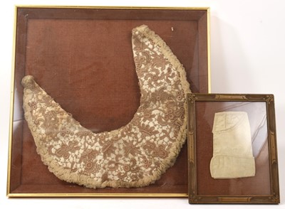 Lot 81 - Early silk and lacework collar, in glazed frame, together with another early textile framed