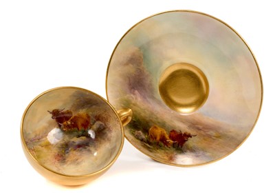 Lot 145 - Royal Worcester cup and saucer painted with Highland Cattle by Stinton, printed marks, the saucer 9.5cm diameter