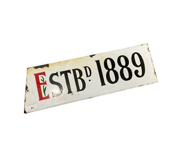 Lot 51 - 'Estbd. 1889' enamel sign, 45.5 x 15cm