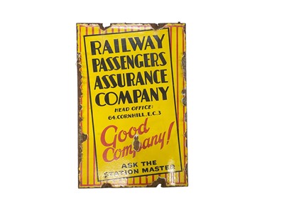 Lot 55 - Original 'Railway Passengers Assurance Company, Head Office: 64. Cornhill. E.C.3. Good Company! Ask The Station Master' enamel sign, 76.5 x 51cm
