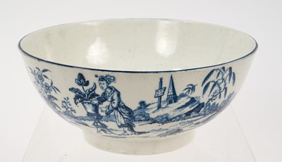 Lot 62 - Rare Worcester bowl, circa 1780, printed in blue with the Mother and Child pattern, crescent mark, ex-Watney Collection, 15.5cm diameter