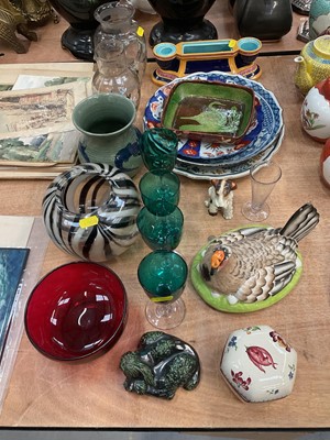 Lot 511 - Ceramics and glassware to include Victorian Bristol green wine glasses and a majolica ink stand.