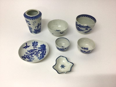 Lot 73 - Group of 18th century Worcester blue and white porcelain, including a Birds in Branches pattern tea bowl, saucer and bowl, Fisherman pattern tea caddy and bowl, a pickle dish and a further tea bowl...