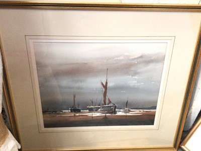 Lot 254 - Brian Ottley watercolour, Ships at rest, together with two signed Anthony Olsen prints and various unframed prints