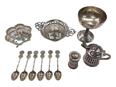 Lot 1039 - Two pierced silver dishes, set of six Hong Kong sterling silver spoons and other plated items