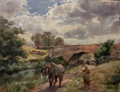 Lot 131 - G Grolly (early 20th century) watercolour, Tow path, 20 x 26cm, glazed frame