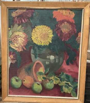 Lot 133 - Mid 20th century oil on canvas board, still life of flowers and fruit, 52 x 43cm, framed
