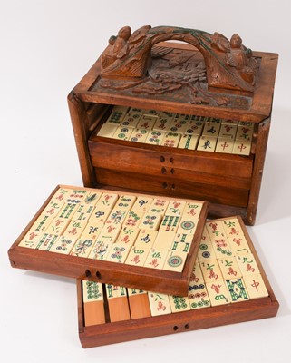 Lot 916 - Antique Chinese bone and bamboo mahjong set, in wooden case with relief carved decoration