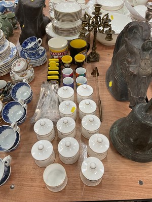 Lot 425 - Set of Queensberry fine bond china herb jars, silver plated cutlery, a brass candelabra and sniffer, and a group of Marmite breakfast items