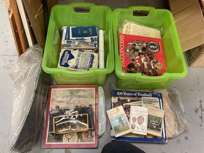 Lot 433 - Two boxes of Ipswich Town and Colchester United Football programmes, football related collectables, old newspapers and sundries.